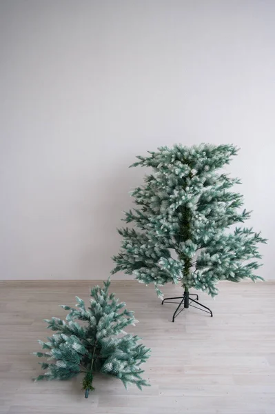 Arbre artificiel écologique pour la nouvelle année. Un arbre de Noël nu se dresse contre un mur blanc. Traditions pour des vacances en famille . — Photo