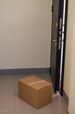 Karantina döneminde ulaşılamayan kapı teslimatı kavramı. Coronavirus tehlikesi ihtimaline karşı boş bir salonda, açık bir giriş kapısında çevrimiçi alışveriş yapılan mukavva kutu..