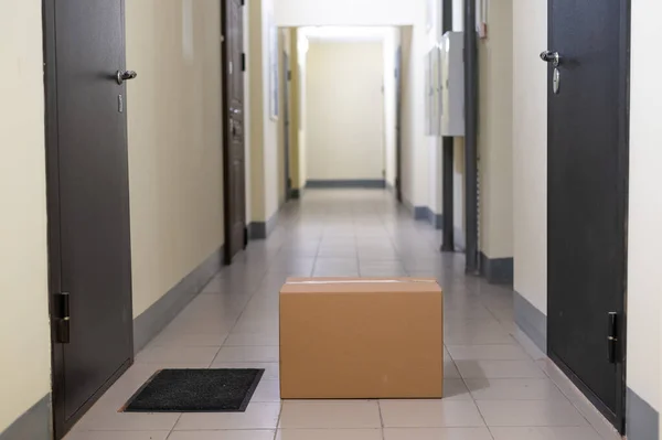 Contactless door delivery concept. Cardboard box with online purchase at the front door in the empty hall of an apartment building. — Stock Photo, Image