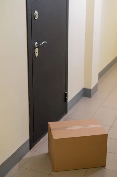 Contactless door delivery concept. Cardboard box with online purchase at the front door in the empty hall of an apartment building.