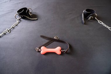 Kemik şeklinde bir şaka ve gri bir çarşafta zincirli deri kelepçeler. BDSM konsepti. Yetişkinler için rol yapma oyunları. Egemenlik ve itaat.