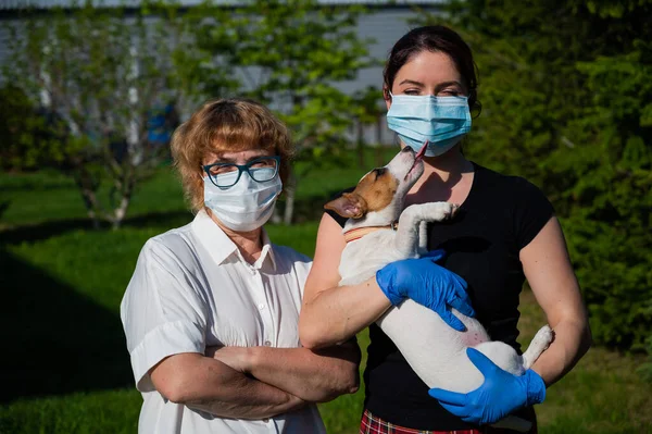 Žena drží štěně a její starší matka je oblečena v lékařských maskách, aby se chránila před virem. Žena v důchodu a její dospělá dcera. Pes procházka v parku během epidemie koronaviru. — Stock fotografie