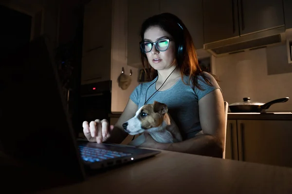 헤드폰을 끼고 웃는 한 여성 이 부엌에 있는 무선 컴퓨터 어둠 속에 앉아 잭 러셀 테리어의 강아지와 무릎을 꿇고 앉아 있다. 작은 개를 데리고 집에서 랩탑으로 영화를 보고 있는 소녀. — 스톡 사진