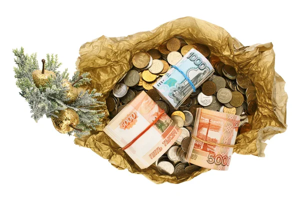 Рулоны российских рублей в подарочной бумаге — стоковое фото