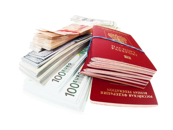 Stack of russian passports and money — Stock Photo, Image