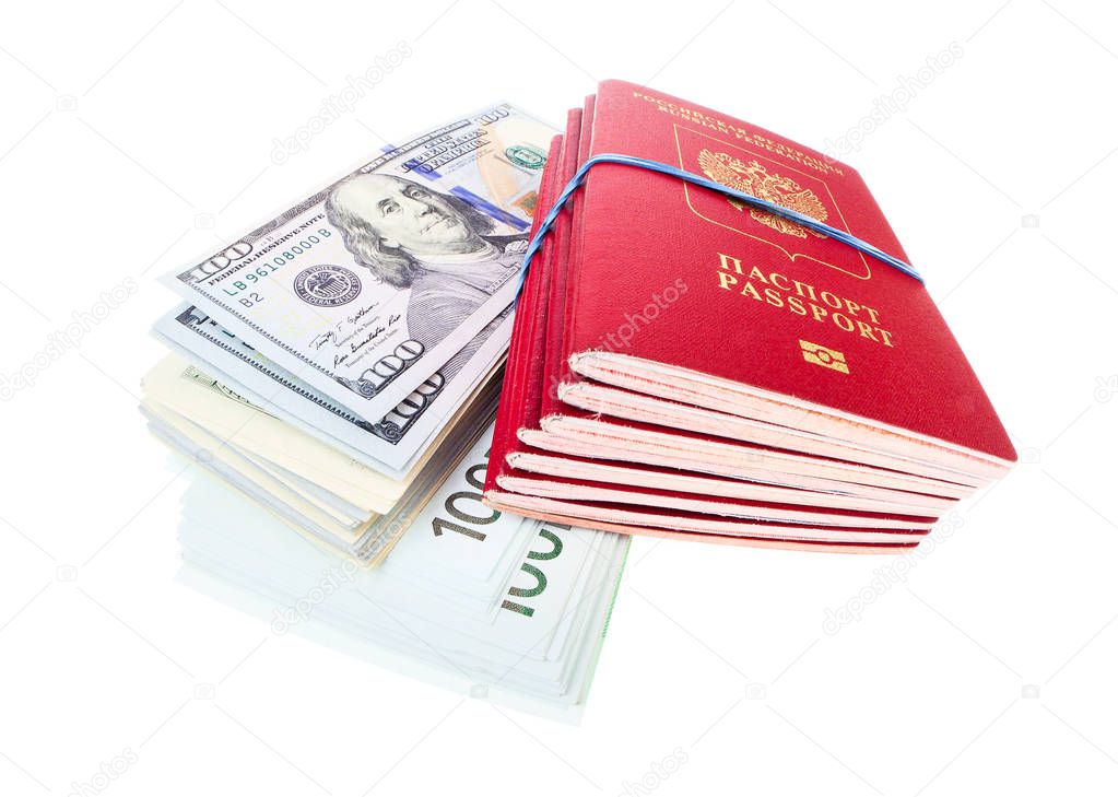 Stack of russian passports and money