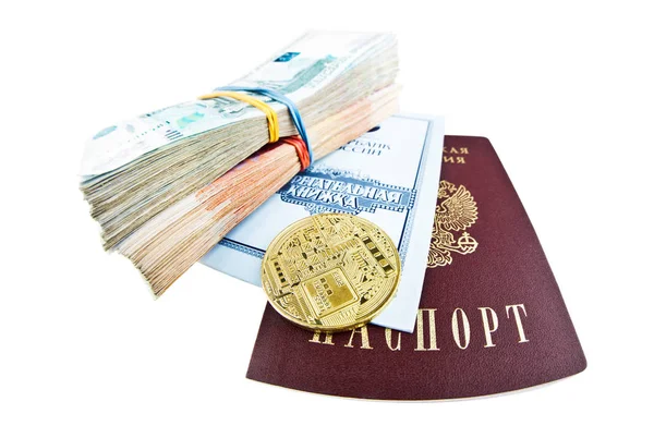 Bank book of Sberbank, russian passport, stacks of money and bitcoin coin — Stock Photo, Image