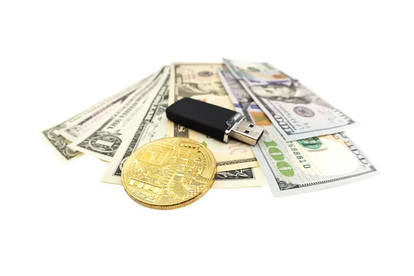 Bitcoin mynt och dollarn räkningar — Stockfoto