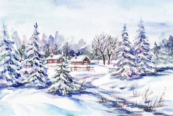 Akvarellmålning Byn Vinterlandskap — Stockfoto