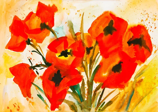 Aquarelle Bande Coquelicots Rouges — Photo