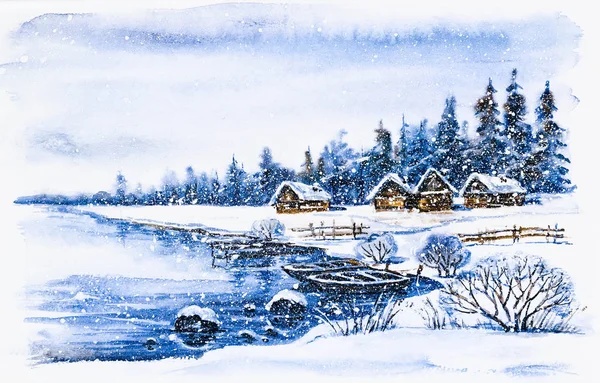 Watercolor Painting Winter Village Landscape Boats Frozen River — 图库照片