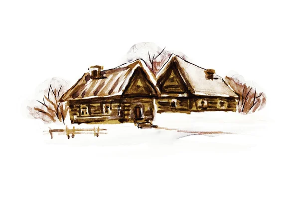Watercolor Painting Wooden Village Houses Winter — Stock fotografie