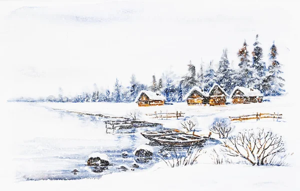 Pittura Acquerello Paesaggio Villaggio Invernale Con Barche Sul Fiume Ghiacciato — Foto Stock