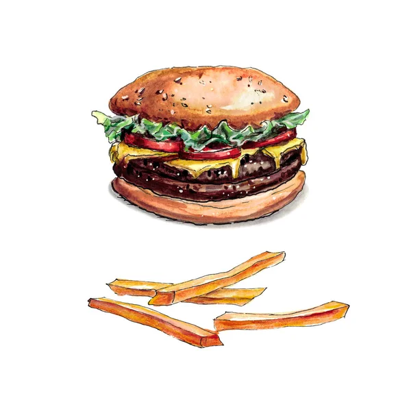 Watercolor Painting Double Cheeseburger French Fries White Background — Stock Photo, Image