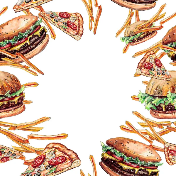 Seamless Pattern Cheeseburgers Pizza French Fries Painted Watercolor Stock Picture