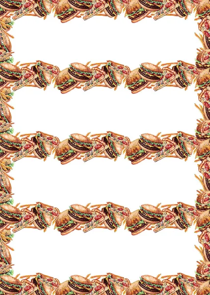 Cadru Cheeseburgeri Pizza Cartofi Prăjiți Pictați Acuarelă — Fotografie, imagine de stoc