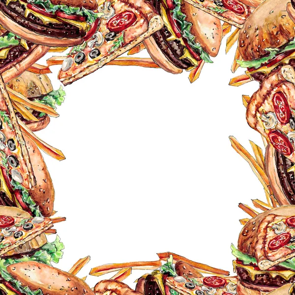 Płynny Wzór Cheeseburgerami Pizzą Frytkami Pomalowanymi Akwarelą — Zdjęcie stockowe