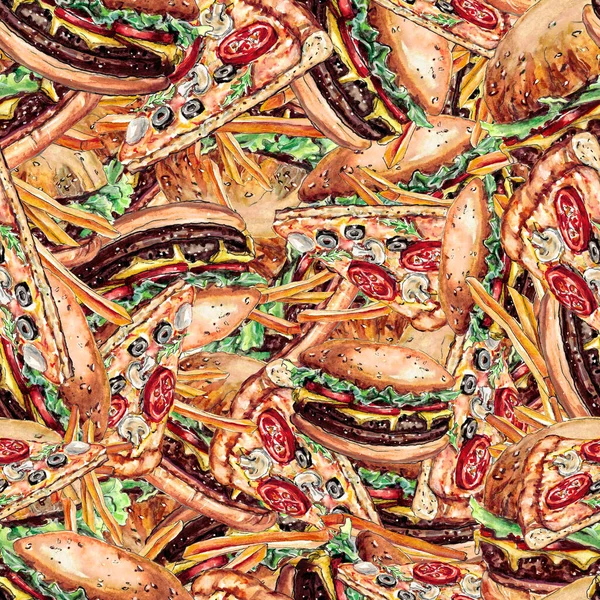 Bezešvé Vzor Pozadí Cheeseburgery Pizza Hranolky Malované Akvarelem — Stock fotografie