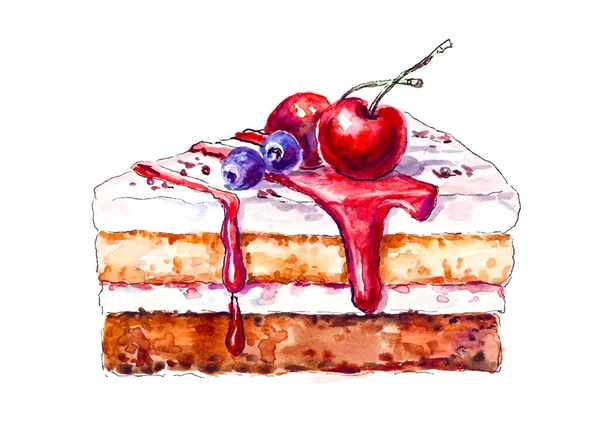 Watercolor Painting Piece Birthday Cake Berries Isolated White Background Stock Image