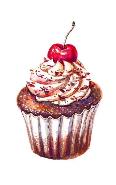 Akvarel Malba Čokoládový Muffin Čerstvou Třešní Izolované Bílém Pozadí — Stock fotografie