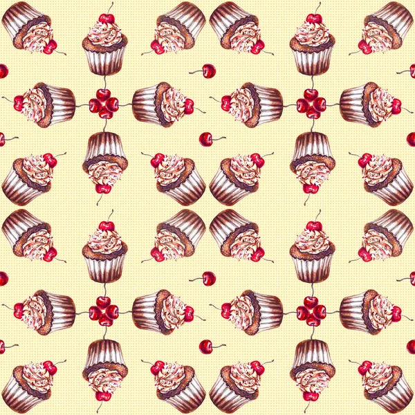 Bezproblémový Vzor Čokoládovými Muffiny Třešňovými Bobulemi Malovanými Akvarelem — Stock fotografie