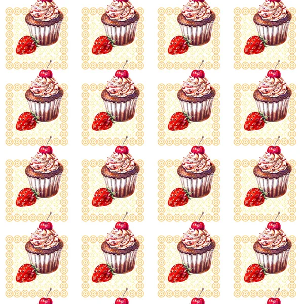 Bezproblémový Vzor Čokoládovými Muffiny Jahodovou Malbou Akvarelem — Stock fotografie