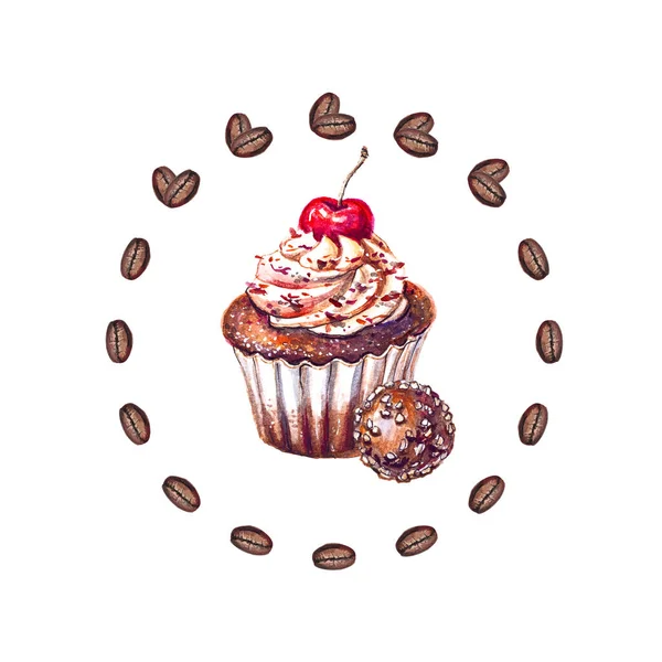 Čokoládový Muffin Čerstvými Třešněmi Kávovými Zrny Namalovanými Akvarelech Izolovaných Bílém — Stock fotografie