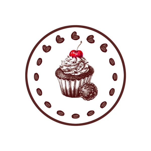 Chocolate Muffin Fresh Cherry Isolated White Background Coffee Break Concept — Stock Photo, Image