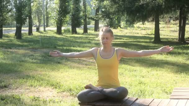 Sportos nő a lótusz helyzet emeli kezét és leereszteni park. — Stock videók