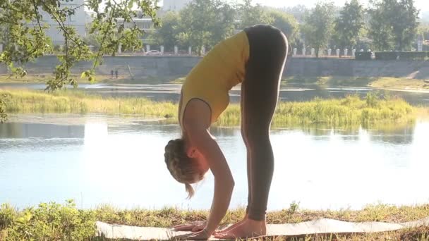 Femme debout et étire les muscles des jambes dans le parc de la ville par étang . — Video