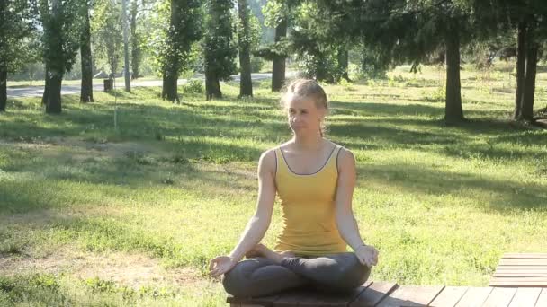 Frau sitzt Lotus Pose im Park im Sommer mit offenen Augen. — Stockvideo