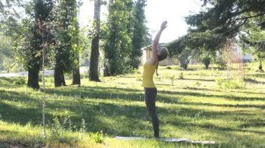 Yoga egzersizleri mindere yapan bir parkta ince kadın.