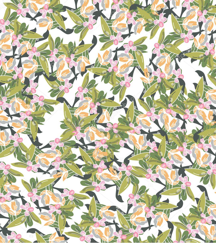 vector flowers pattern rose with leaves on white background