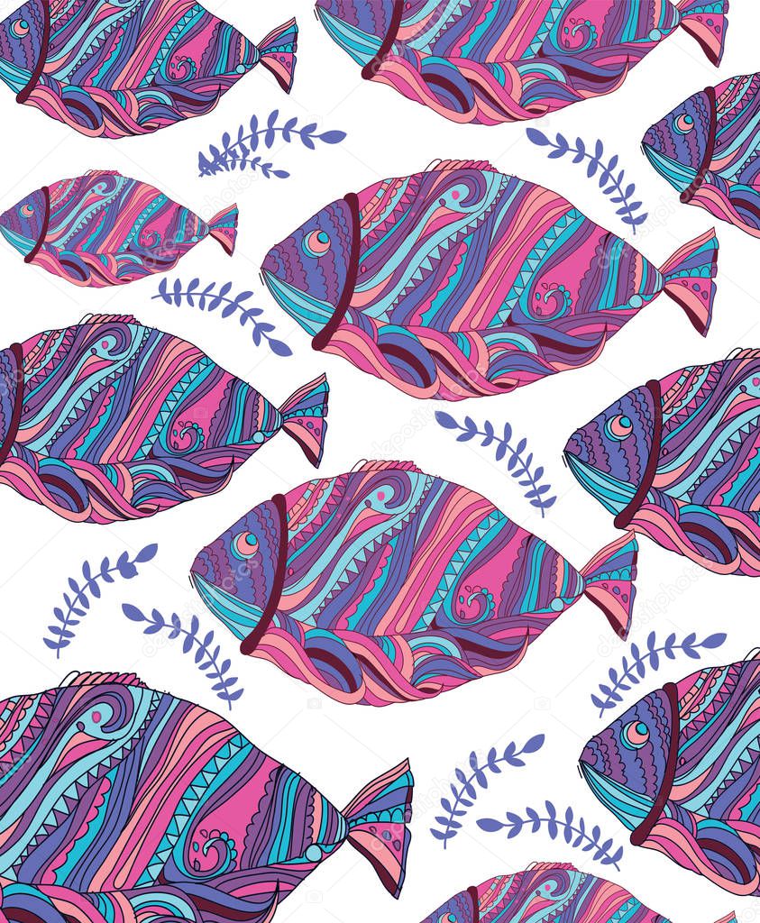 abstract vector background with a pattern of fish and flowers