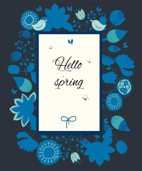 Beautiful floral print that says Hello spring on a dark background — Stock Vector