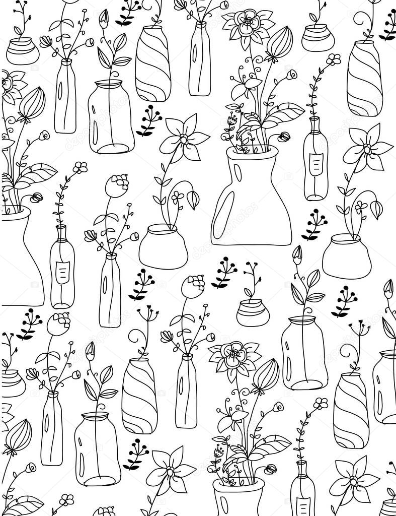 beautiful pattern of flowers in a vase and the bottle on a white background