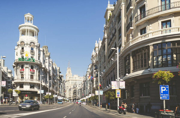 MADRID - August 1: Gran Via, main shopping street in Madrid, capital of Spain, Europe. August 1, 2016 in Madrid, Spain