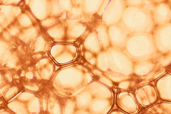 Kimyasal makro görünümü beyaz sabunlu kabarcıklar köpük. sabun köpüğü ve duş doku. Mavi arka plan. yumuşak odak