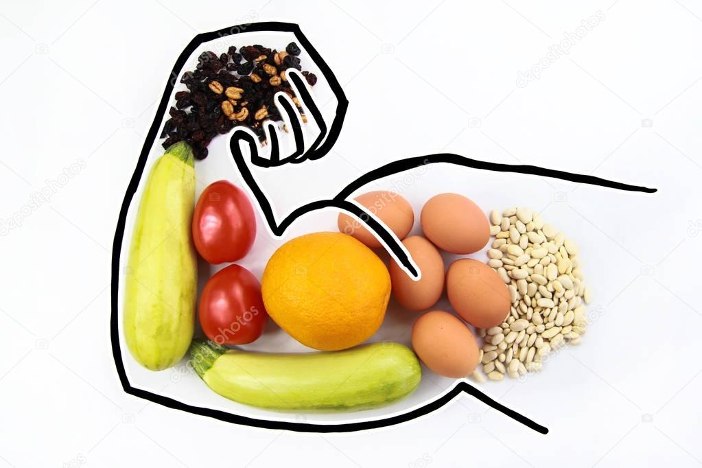 Foods to increase male hormone testosterone and increase virility and biceps. Products for men's health on a white background with space for text