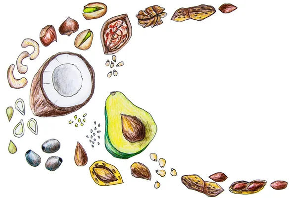 Izolovat zdravé tuky, ořechy, semena, olivy — Stock fotografie