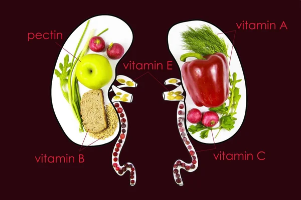 Alimento para la salud y purificación de los riñones. Verduras, manzanas, arándanos, avena, pan integral, semillas de calabaza, rábanos, pimienta. Vitaminas, oligoelementos — Foto de Stock