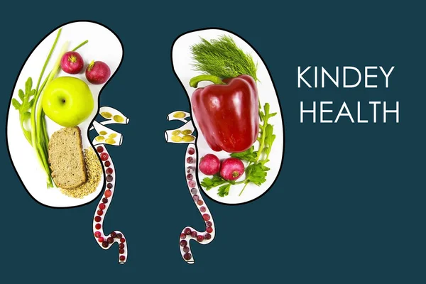 Food for the health and purification of the kidneys. Greens, apples, cranberries, oats, whole bread, pumpkin seeds, radishes, pepper. Illustration on a dark blue background — Stock Photo, Image
