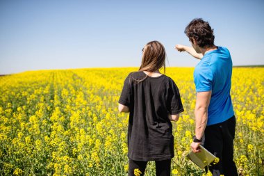Genç insanlar kendi sahalarında kolza tohumlarının gelişimini izliyor.