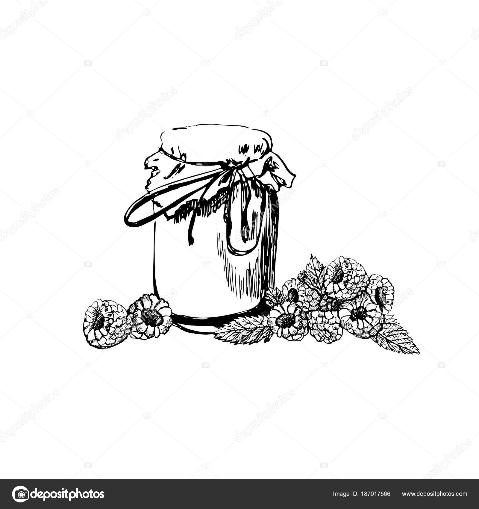 Hand drawn graphic sketch with jam jar and raspberries. — Stock Vector