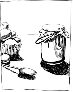 Reçel kavanoz ve elma ile el çizilmiş grafik kroki.