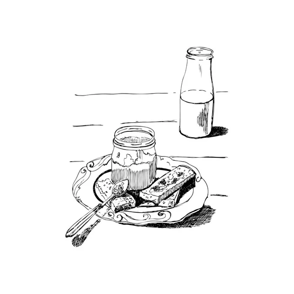 Elle çizilmiş grafik kroki reçel kavanoz, kaşık, şişe ve ekmek. — Stok Vektör
