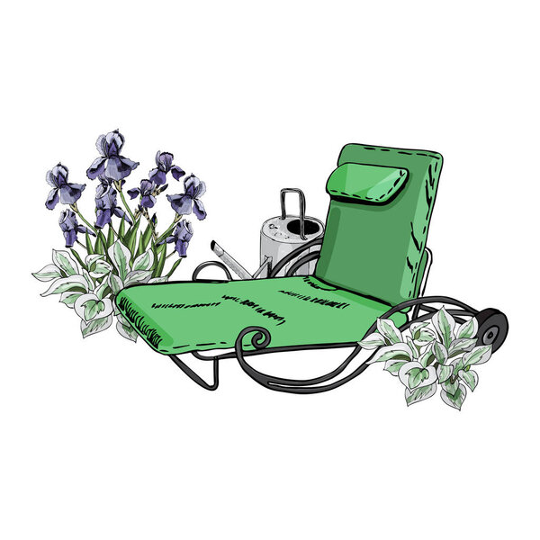 Декоративный состав с зеленым шезлонгом, лейкой, радужной оболочкой и цветами хосты
.