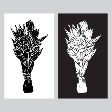 Monochrome templates of  bouquets with black and white tulips  in pop art style. Hand made linocut. clipart