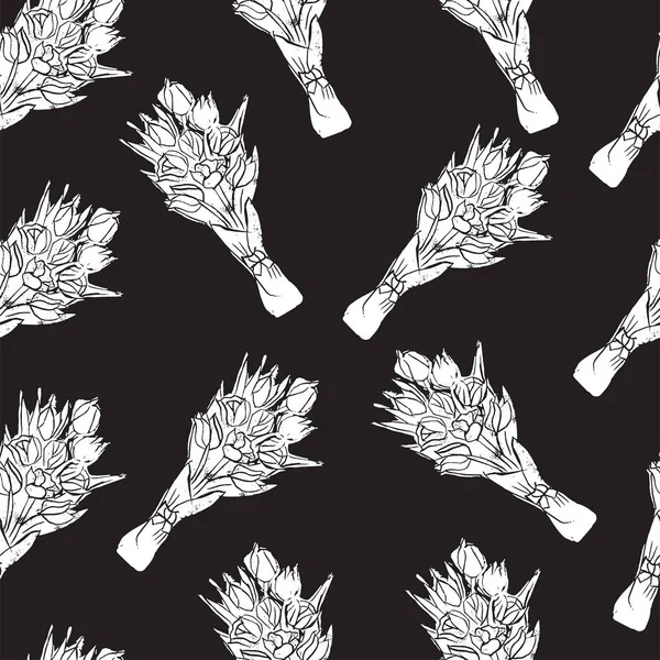 ポップアートのスタイルで黒を背景に白いチューリップの花と花束のモノクロームシームレスなパターン。手作りのリノカット. — ストックベクタ