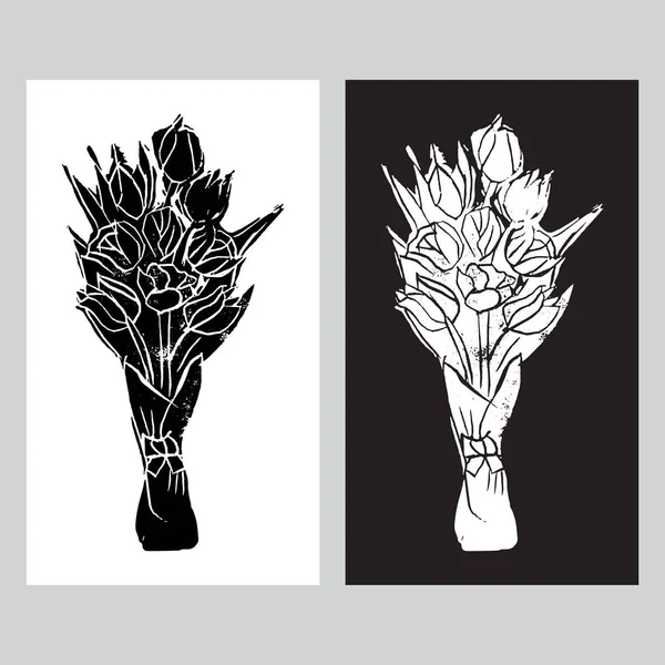 Modelli monocromatici di bouquet con tulipani in bianco e nero in stile pop art. linocut fatto a mano . — Vettoriale Stock